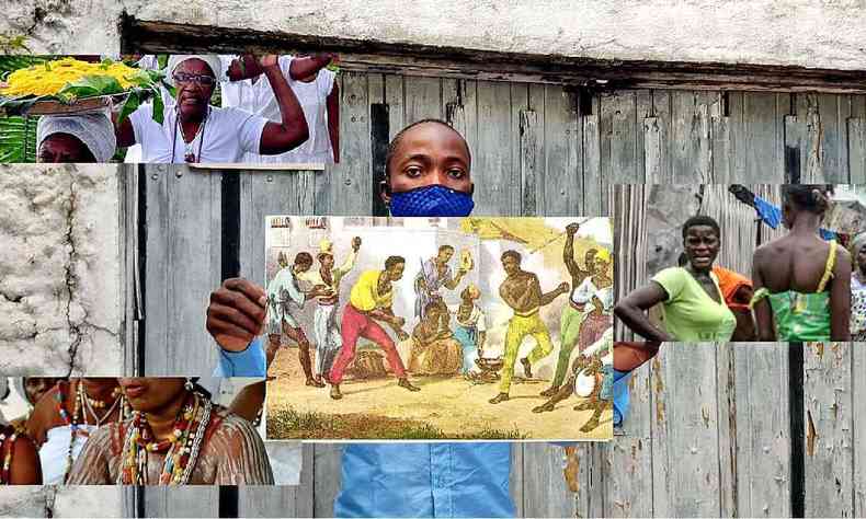 Ator segura gravura de escravos danando capoeira no experimento cnico ''Medo como fronteira 1''