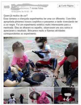 Internautas cobraram desculpa da escola, que postou foto com crianas pintadas de preto durante atividade pedaggica(foto: FACEBOOK/REPRODUO)