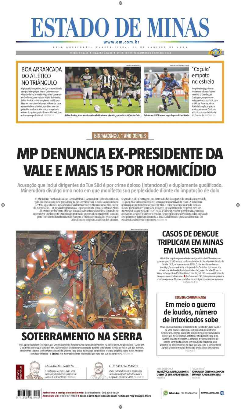 Confira a Capa do Jornal Estado de Minas do dia 22/01/2020(foto: Estado de Minas)