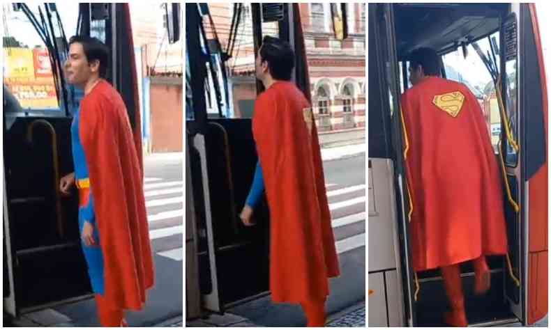 Superman embarca em nibus na avenida Getlio Vargas, em Juiz de Fora