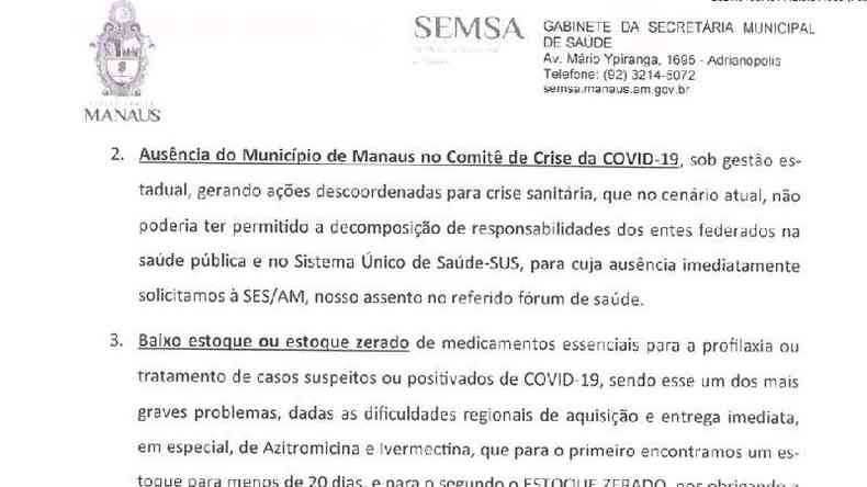 Em ofcio enviado em 14 de janeiro ao Ministrio da Sade, Secretaria de Sade de Manaus diz que ivermectina e azitromicina so 