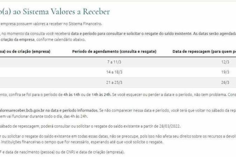 Quase 100 milhões buscam dinheiro 'esquecido'; 249 mil empresas têm valor a receber(foto: Reprodução/valoresareceber.bcb.gov.br/)) Reprodução valoresareceber.bcb.gov.br/