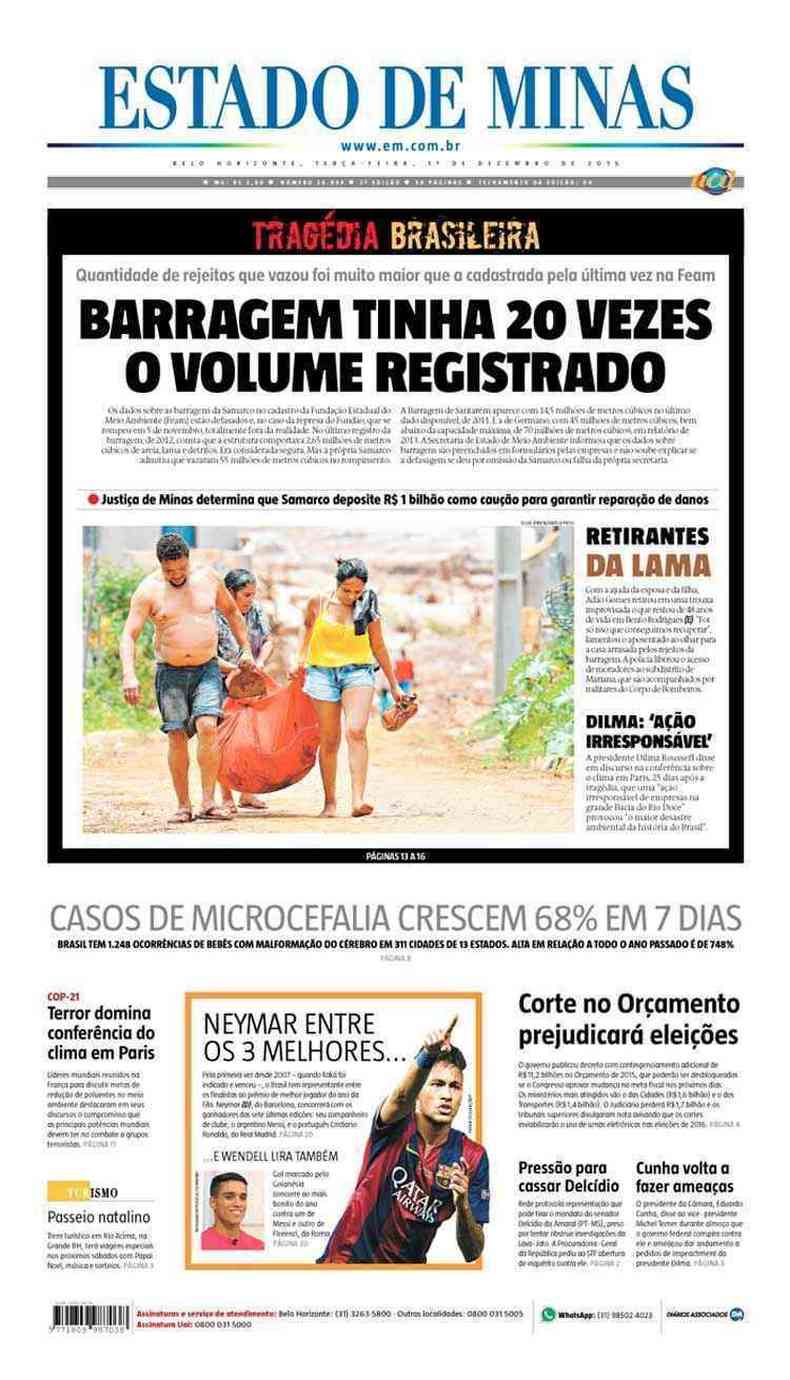 Confira a Capa do Jornal Estado de Minas do dia 01/12/2015