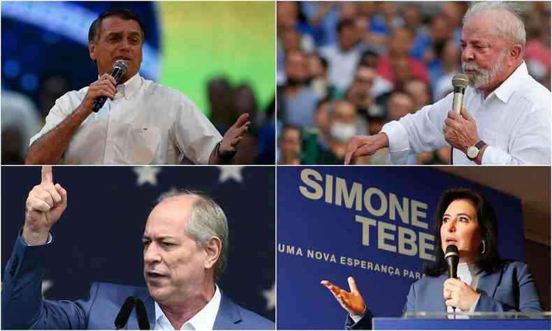 Montagem com Jair Bolsonaro na parte superior a esquerda, Lula a direita na parte superior. Na parte inferior, Ciro Gomes a esquerda e SImone Tebet a direita