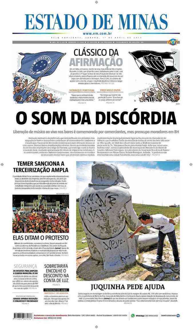 Confira a Capa do Jornal Estado de Minas do dia 01/04/2017