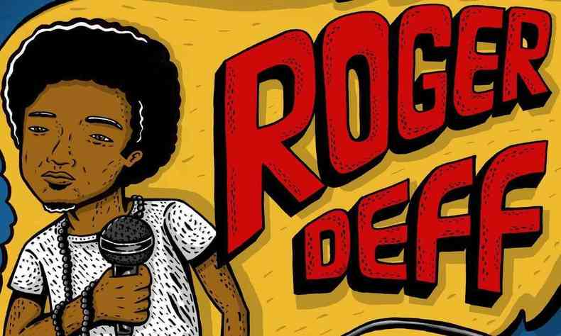 Desenho de Binho Barreto mostra o rapper Roger Deff segurando o microfone na capa de seu disco 'Pra romper fronteiras'