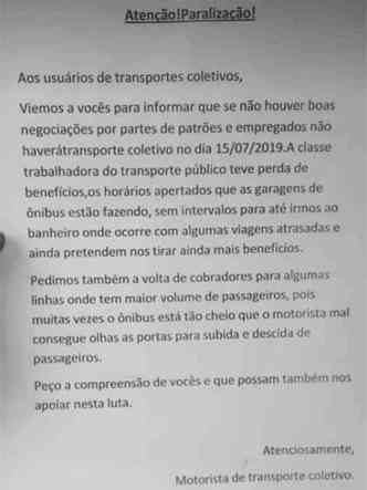 Panfleto distribudo aos usurios do transporte coletivo fala sobre uma paralisao na prxima segunda-feira(foto: Divulgao)