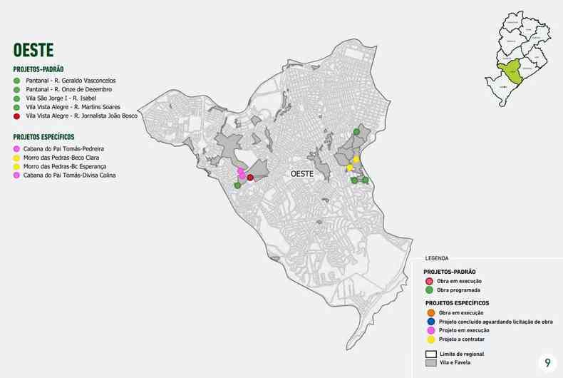 Mapa com obras previstas na Regional Oeste-PBH