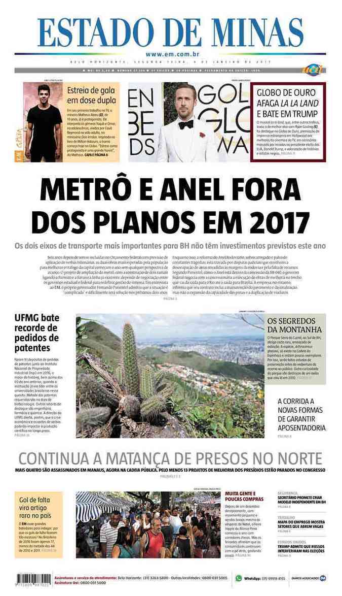 Confira a Capa do Jornal Estado de Minas do dia 09/01/2017