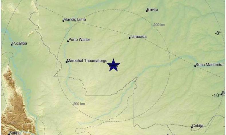 Mapa apontando como epicentro do terremoto um ponto no acre