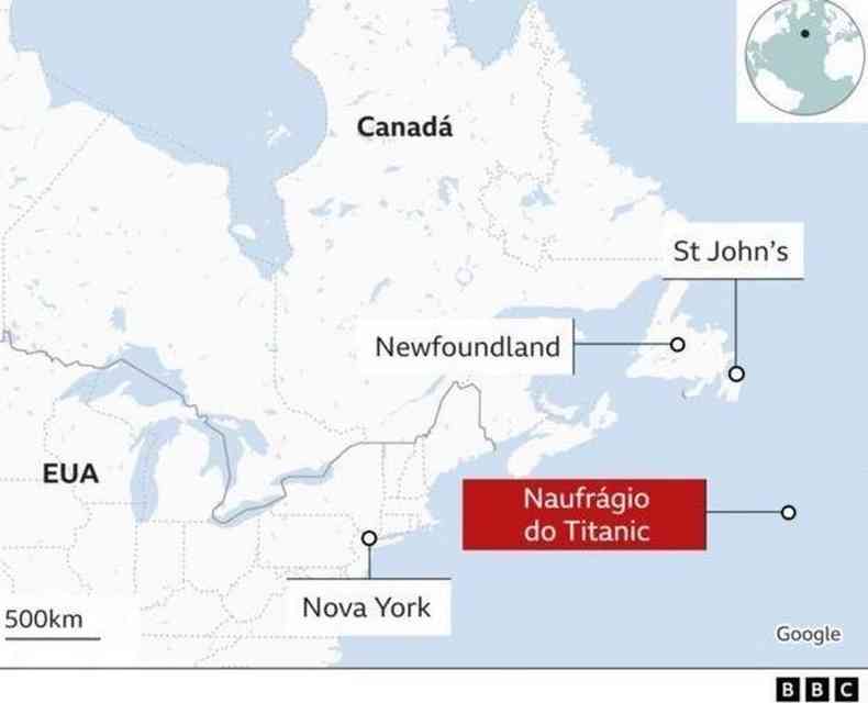 Mapa mostra local do naufrgio do Titanic