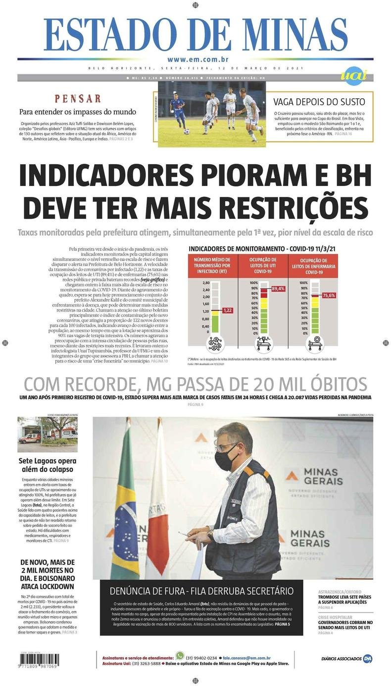 Confira a Capa do Jornal Estado de Minas do dia 12/03/2021(foto: Estado de Minas)