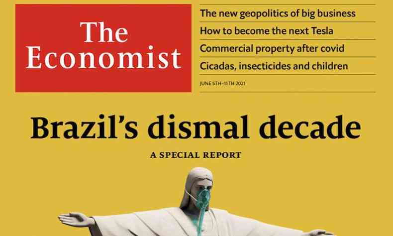 Como em outras vezes que se referiu ao pas, a revista traz na capa uma ilustrao do Cristo Redentor, desta vez respirando com uma mscara de oxignio(foto: The Economist/Reproduo)