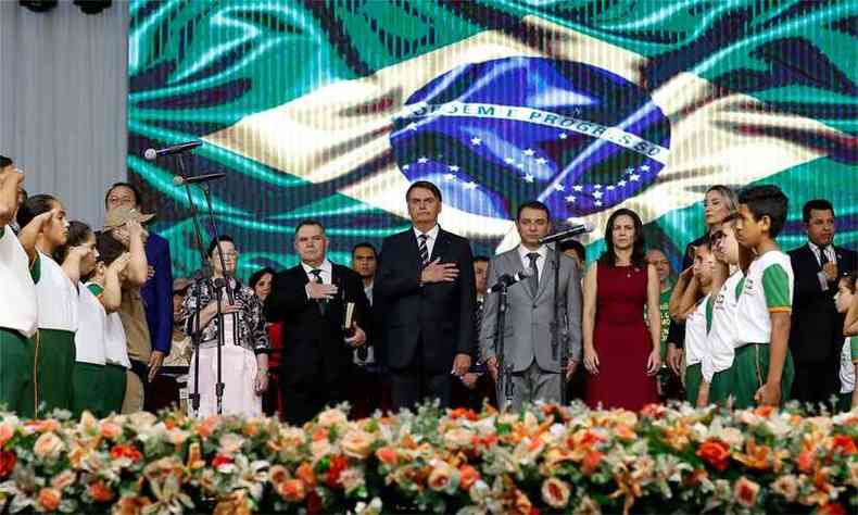Bolsonaro durante o 37 Encontro Internacional de Misses dos Gidees, realizado nessa quinta-feira (2)(foto: Alan Santos/PR)