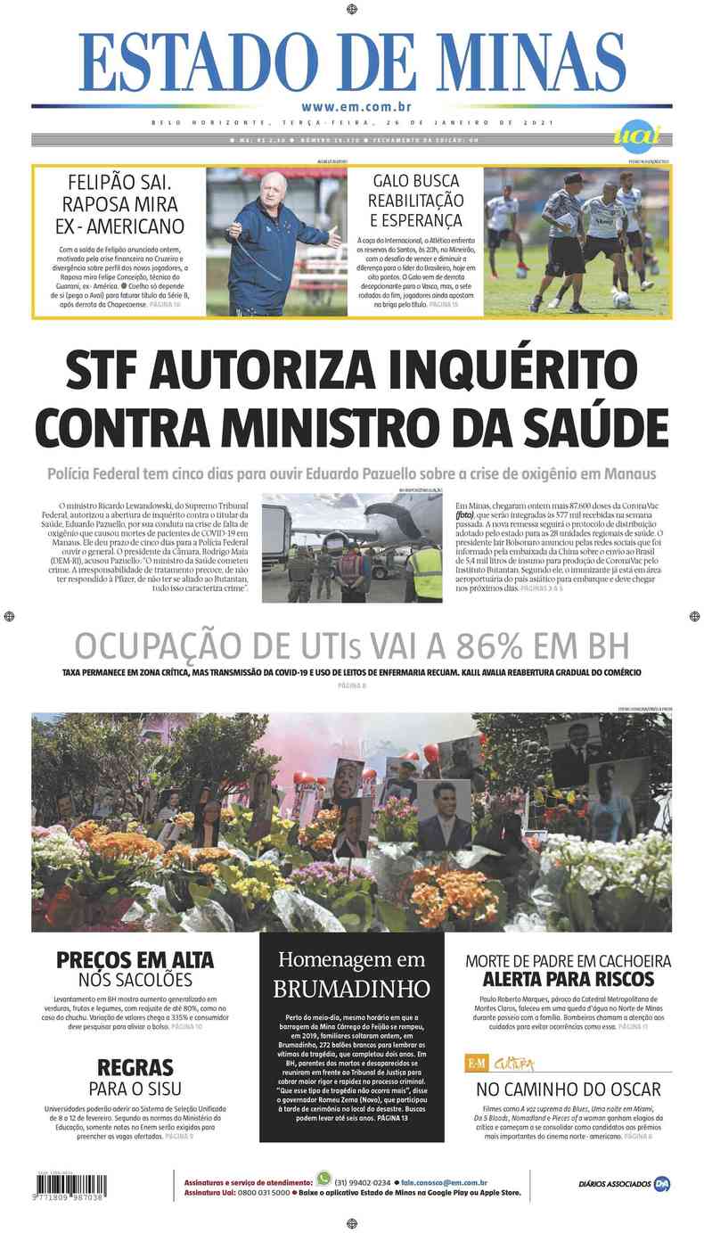 Confira a Capa do Jornal Estado de Minas do dia 26/01/2021(foto: Estado de Minas)