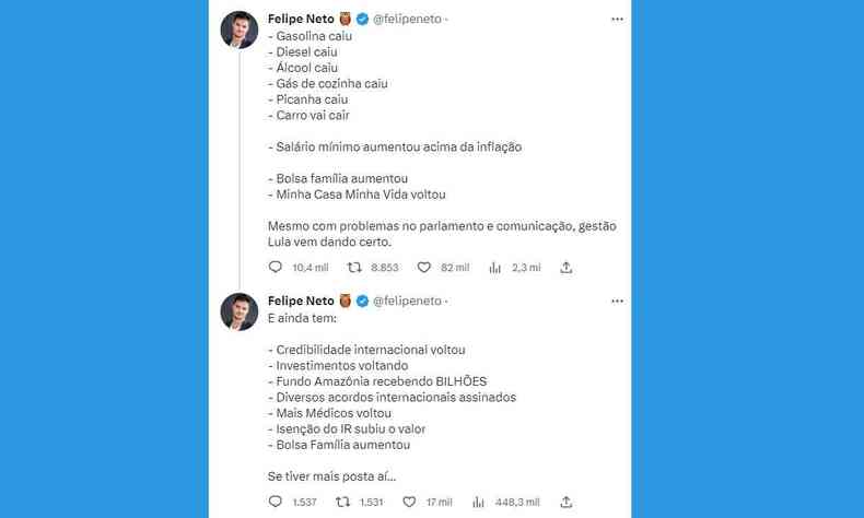 Print do tweet do Felipe Neto com a lista de medidas do governo Lula