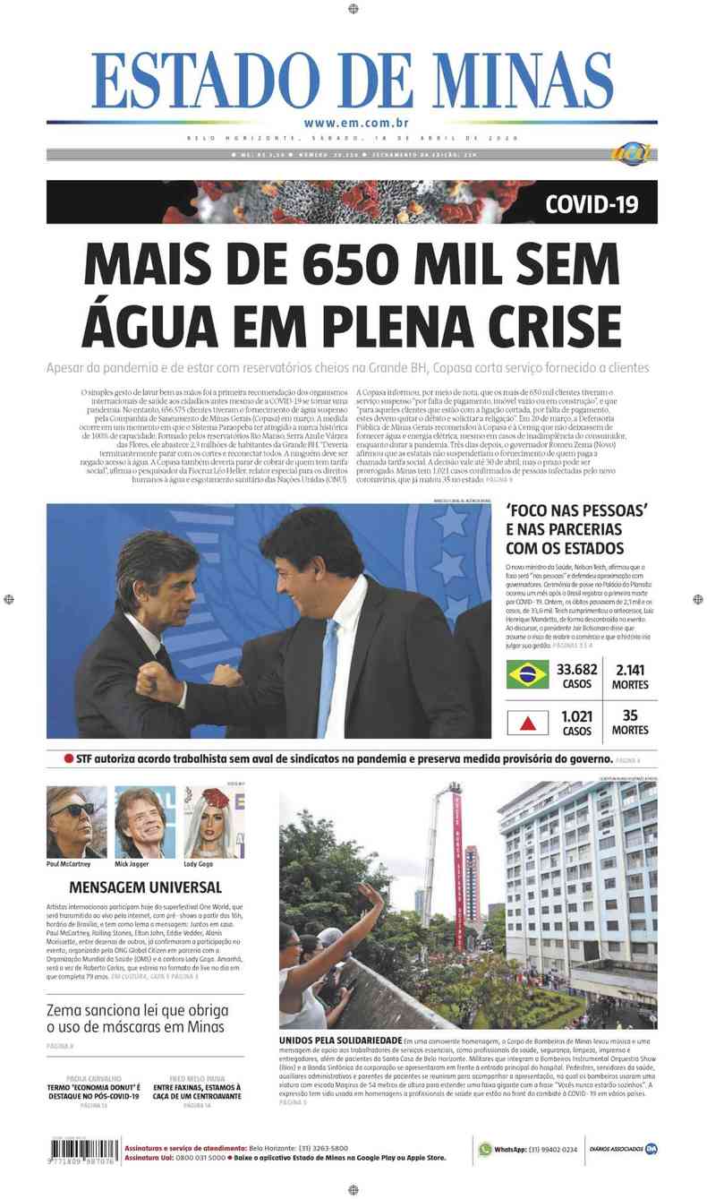 Confira a Capa do Jornal Estado de Minas do dia 18/04/2020(foto: Estado de Minas)