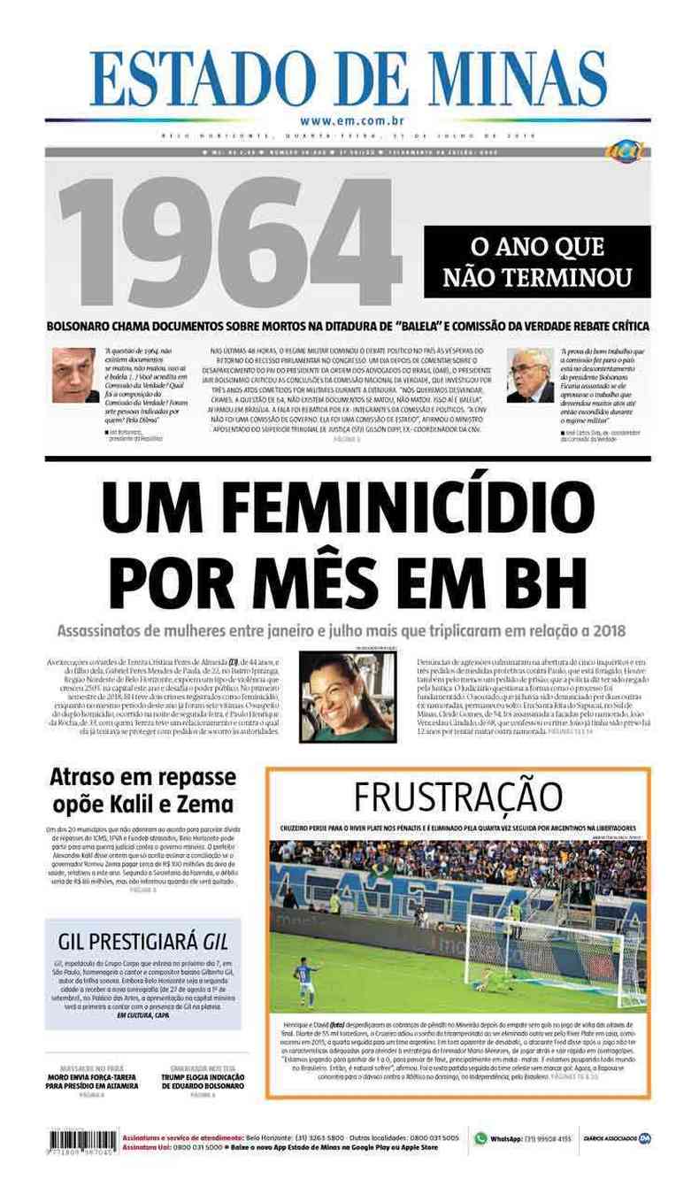 Confira a Capa do Jornal Estado de Minas do dia 31/07/2019(foto: Estado de Minas)