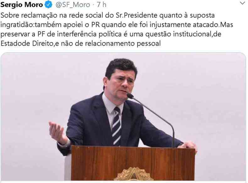 Sergio Moro respondeu ao tweet de Bolsonaro dizendo que tambm o defendeu no governo (foto: TWITTER/REPRODUO)