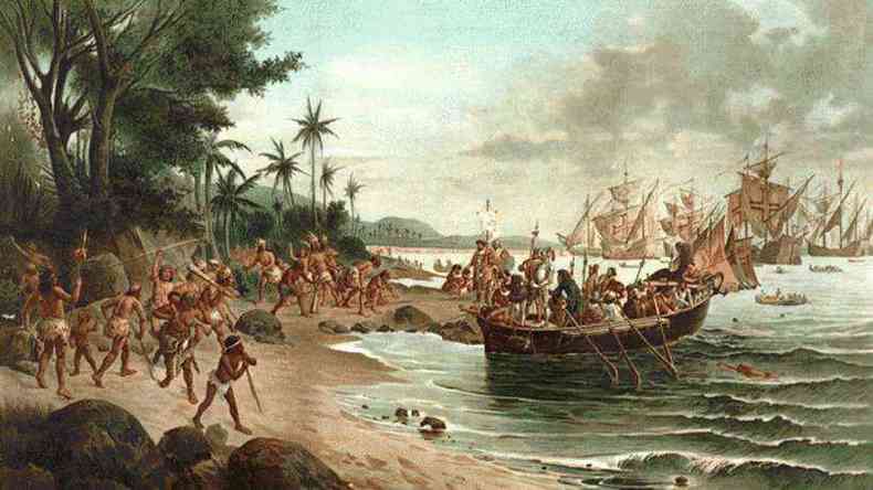 Pintura retrata a chegada de Pedro lvares Cabral em Porto Seguro, na Bahia(foto: Wikimedia/Reproduo)