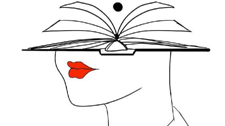 Ilustrao mostra mulher com livro no lugar da parte superior da cabea