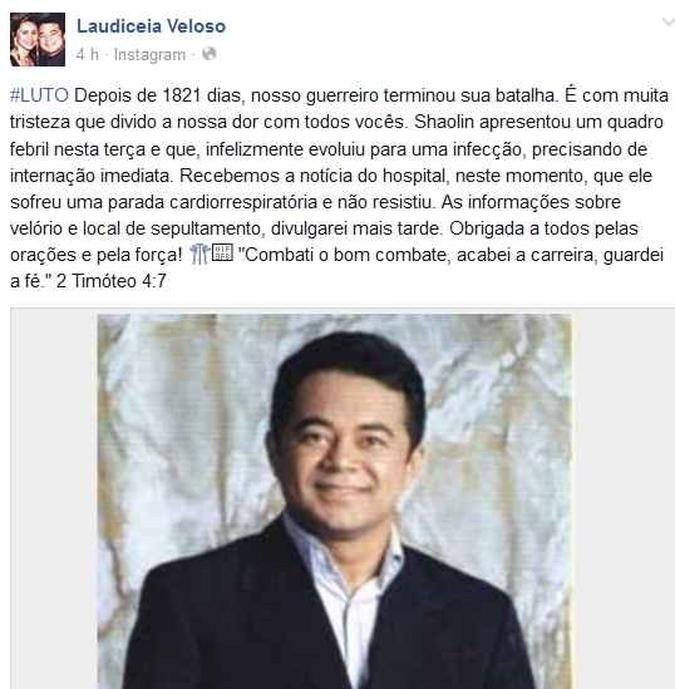 Mulher do humorista Shaolin lamenta a morte do artista(foto: Reprodu��o Facebook)