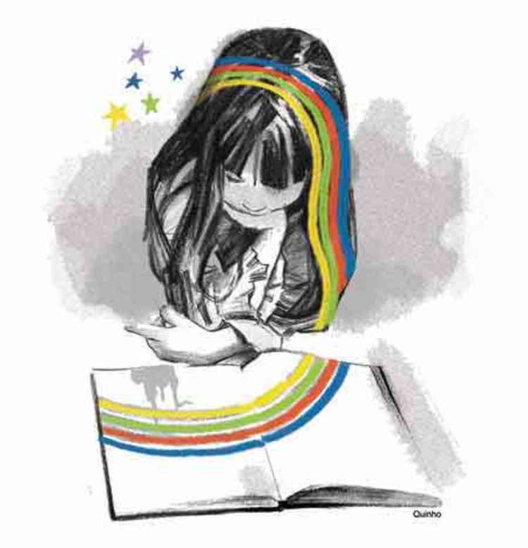 Ilustrao mostra menina lendo um livro

