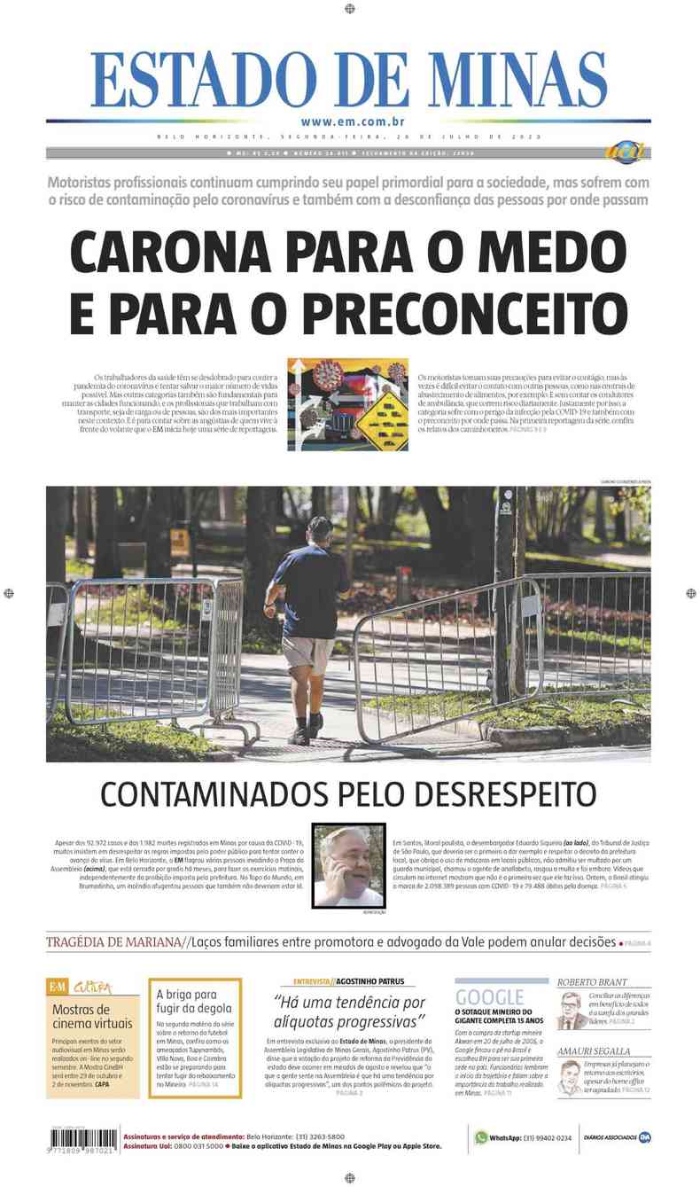 Confira a Capa do Jornal Estado de Minas do dia 20/07/2020(foto: Estado de Minas)