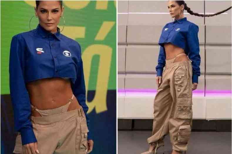 Montagem de duas fotos de Deborah Secco usando cropped azul e cala bege de cintura baixa