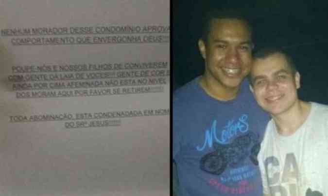 O casal Jnior Santos e Maycon Aguiar e a carta deixada na casa onde moram no Rio (foto: Reproduo/internet )