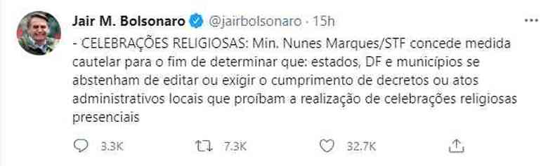 Na mesma hora da postagem de Kalil, presidente Jair Bolsonaro publica notcia de liminar em apoio a ministro que indicou(foto: Reproduo/Twitter)