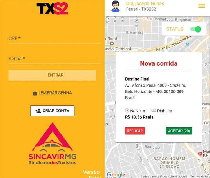 Imagem mostra tela de app que será usada pelos taxistas. Sindicato promete que o aplicativo estará disponível amanhã para usuários (foto: Reprodução internet/ Google Play) Imagem mostra tela de app que será usada pelos taxistas. Sindicato promete que o aplicativo estará disponível amanhã para usuários (foto: Reprodução internet/ Google Play)