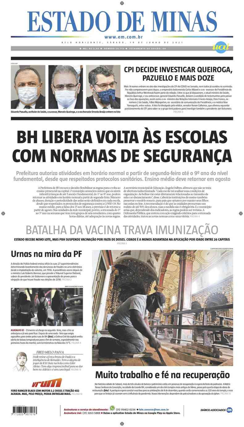 Confira a Capa do Jornal Estado de Minas do dia 19/06/2021(foto: Estado de Minas)