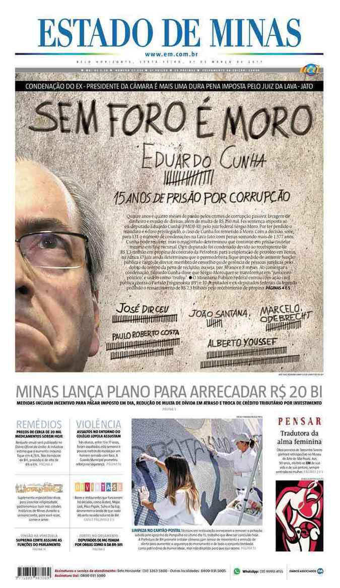 Confira a Capa do Jornal Estado de Minas do dia 31/03/2017