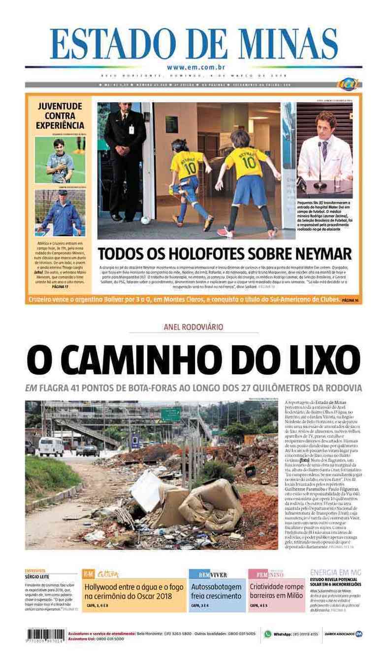 Confira a Capa do Jornal Estado de Minas do dia 04/03/2018