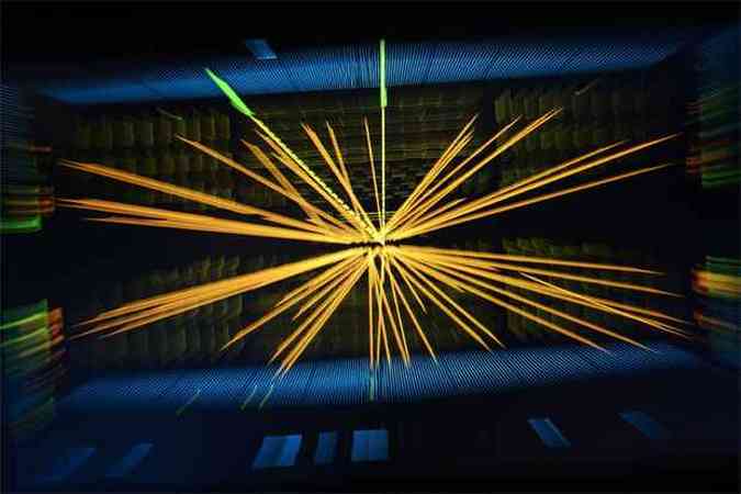 Imagem distribuda em julho de 2012 pelo CERN mostra uma representao com zoom de traos da coliso prton-prton medida no Compact Muon Solenoid (CMS), equipamento usado durante a experincia para tentar descobrir o bsson de Higgs (foto: AFP PHOTO / CERN )