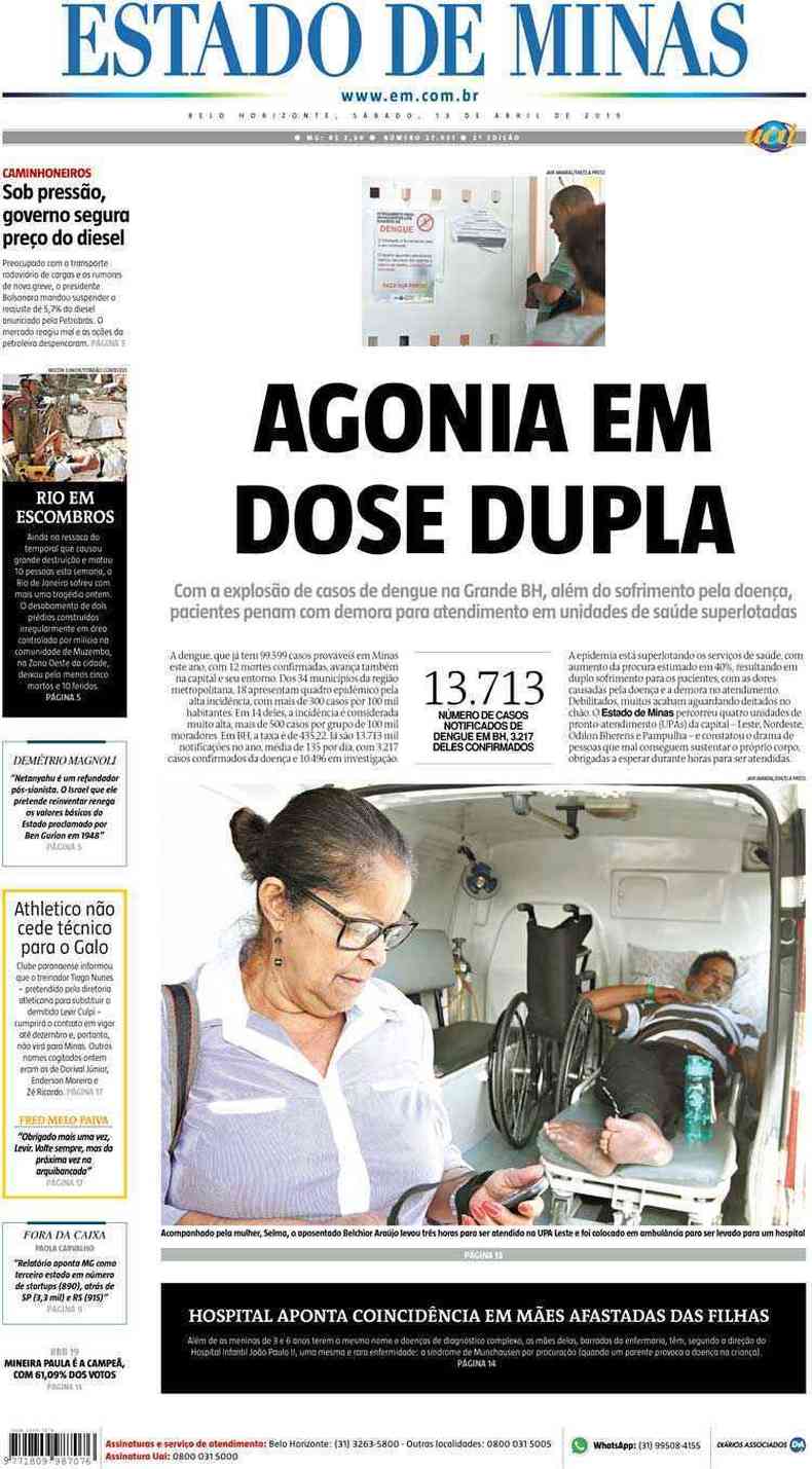 Confira a Capa do Jornal Estado de Minas do dia 13/04/2019(foto: Estado de Minas)