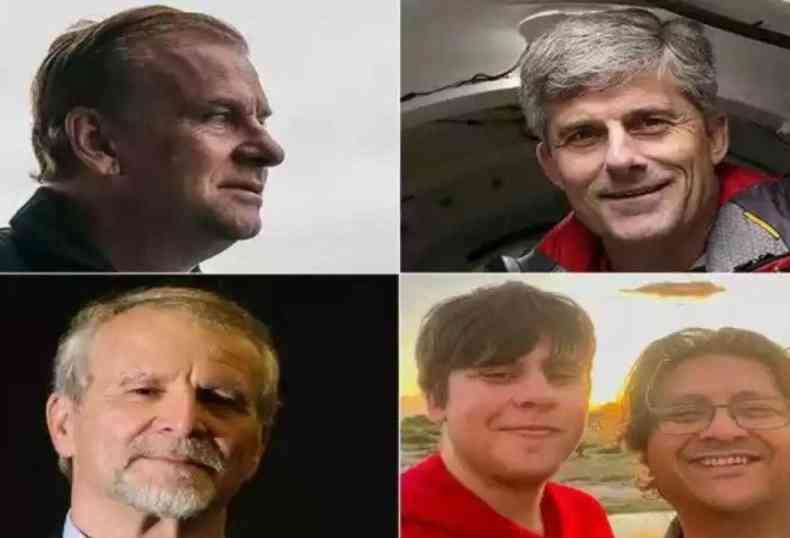 Os 5 passageiros eram: Harmish Harding (superior esquerda), Stockton Rush (superior direita), Paul-Henri Nargeolet (inferior esquerda) e Shahzada Dawood e Suleman Dawood (inferior direita)