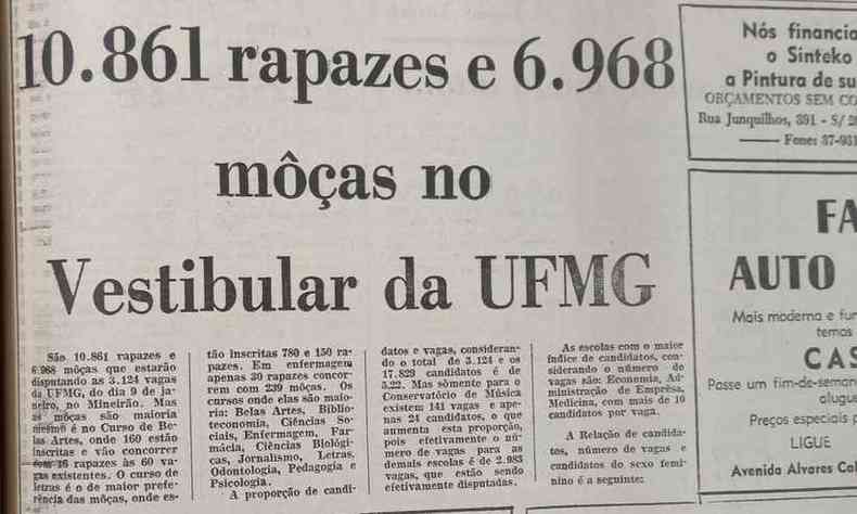Jornal anuncia seguinte manchete: '10.862 rapazes e 6.968 môças no Vestibular da UFMG'