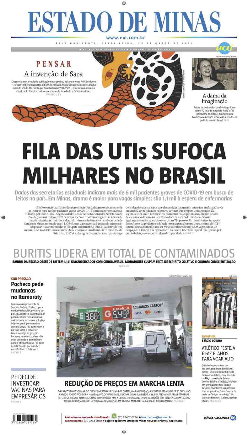 Confira a Capa do Jornal Estado de Minas do dia 26/03/2021(foto: Estado de Minas)