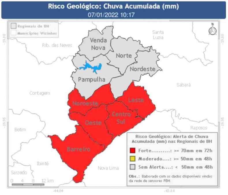 Mapa de Belo Horizonte com regionais em risco geológico 