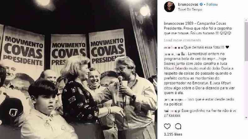 'No foi uma cegonha que me trouxe. Foi um tucano!', brincou Bruno Covas no Instagram; fotos do av eram recorrentes em sua rede social