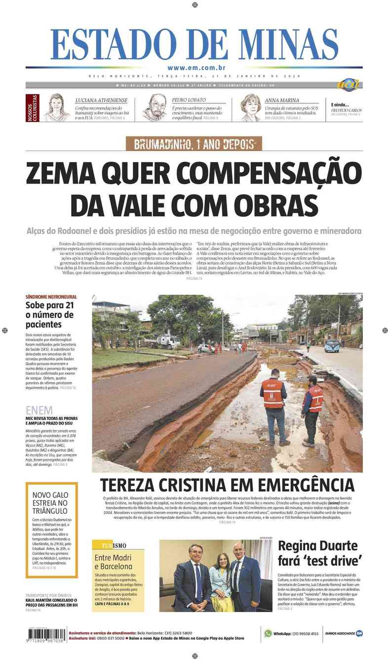Confira a Capa do Jornal Estado de Minas do dia 21/01/2020(foto: Estado de Minas)