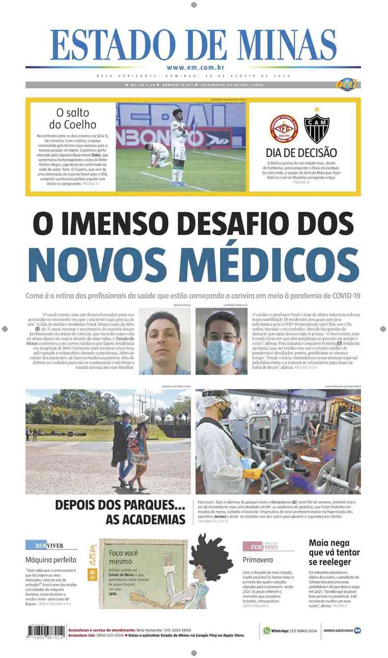 Confira a Capa do Jornal Estado de Minas do dia 30/08/2020(foto: Estado de Minas)