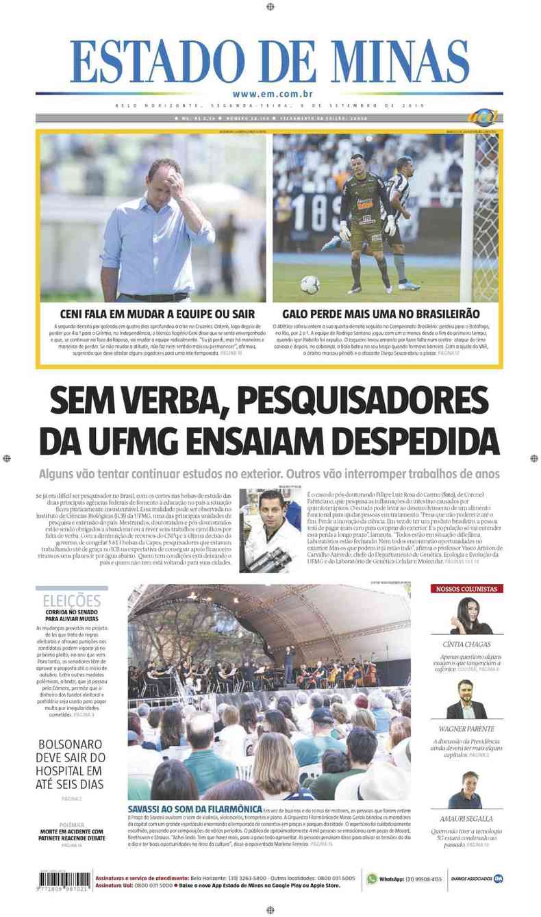 Confira a Capa do Jornal Estado de Minas do dia 09/09/2019(foto: Estado de Minas)