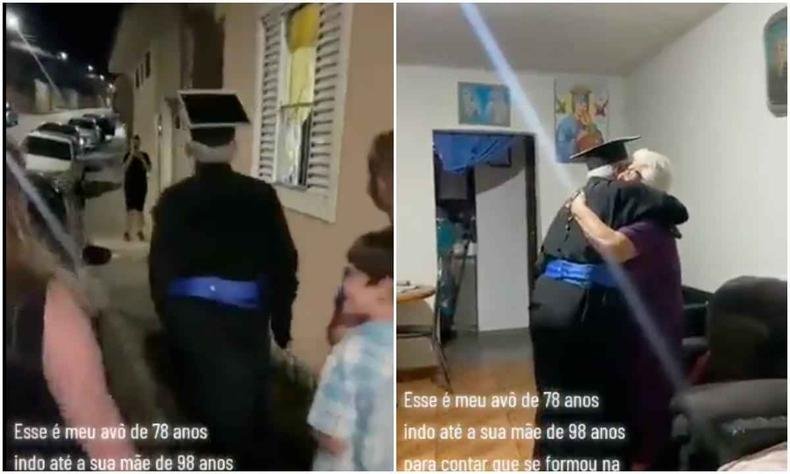 Um vídeo mostra o momento em que o idoso vai até a mãe, que não esteve na formatura, para celebrar a conquista (foto: Reprodução/Redes sociais) idoso se forma e abraça mãe
