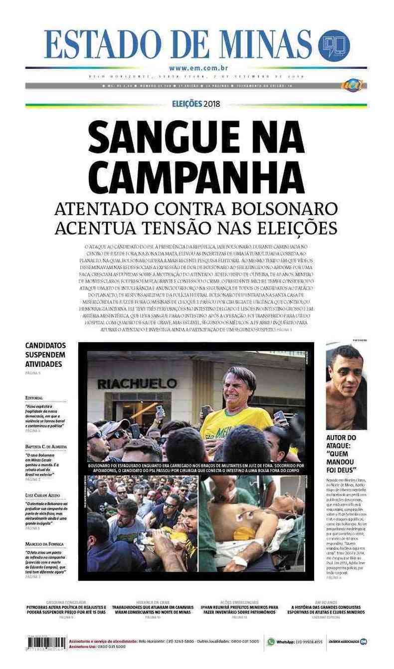 Confira a Capa do Jornal Estado de Minas do dia 07/09/2018(foto: Estado de Minas)