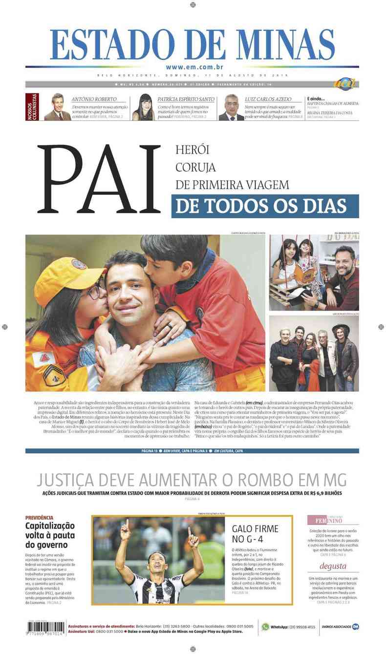 Confira a Capa do Jornal Estado de Minas do dia 11/08/2019(foto: Estado de Minas)