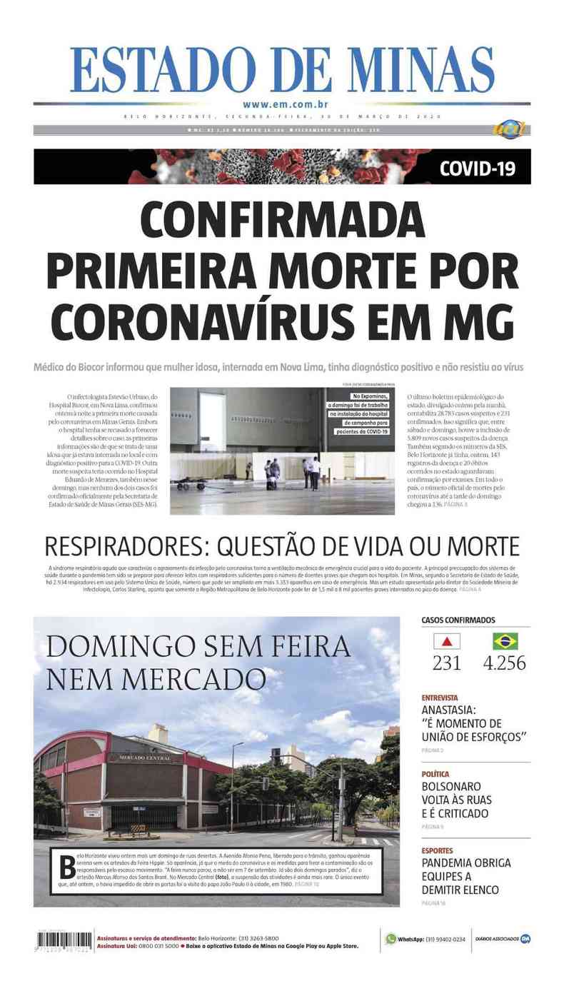 Confira a Capa do Jornal Estado de Minas do dia 30/03/2020(foto: Estado de Minas)