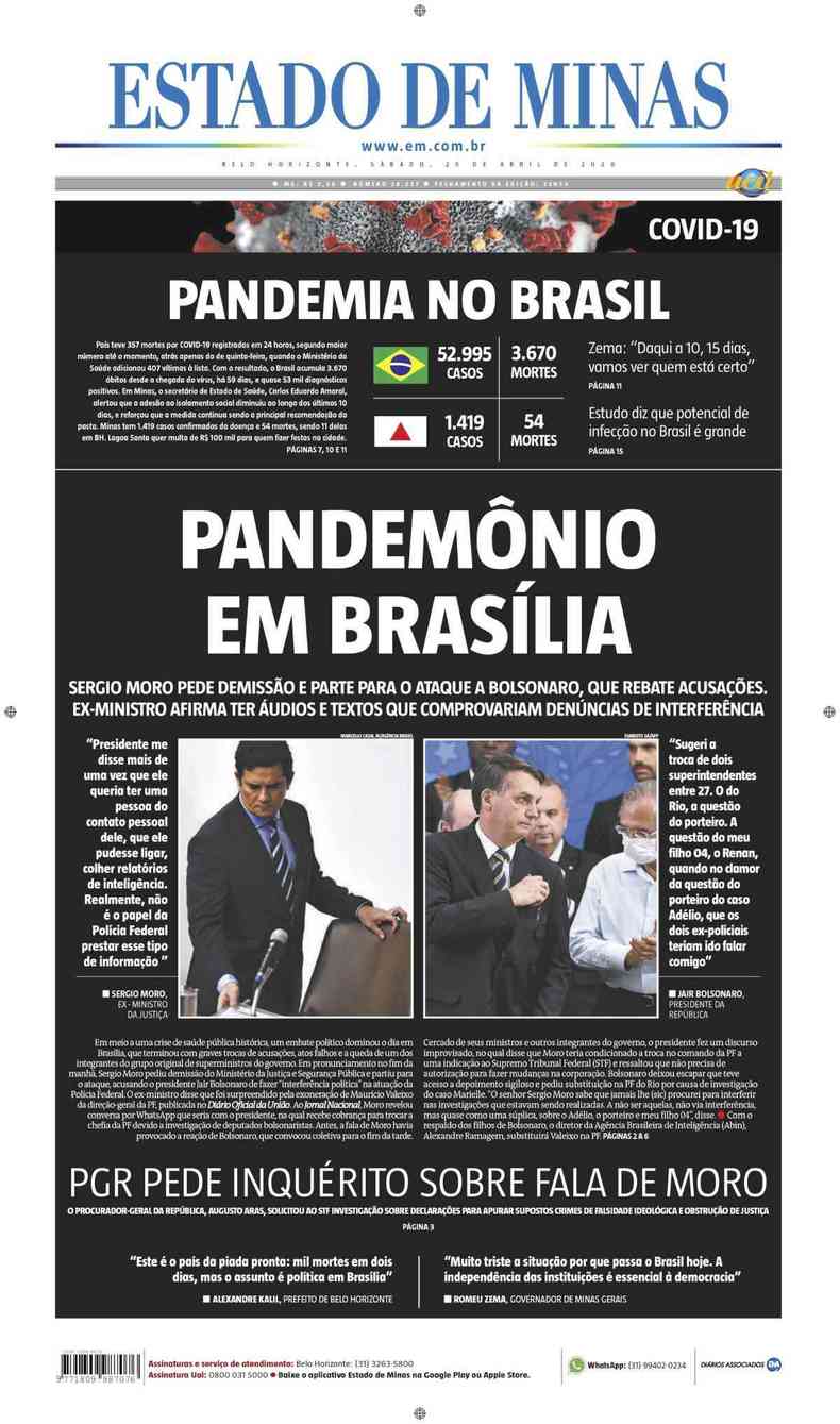 Confira a Capa do Jornal Estado de Minas do dia 25/04/2020(foto: Estado de Minas)